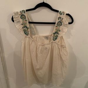 Madewell Cream Tank Top with Green Embroidery